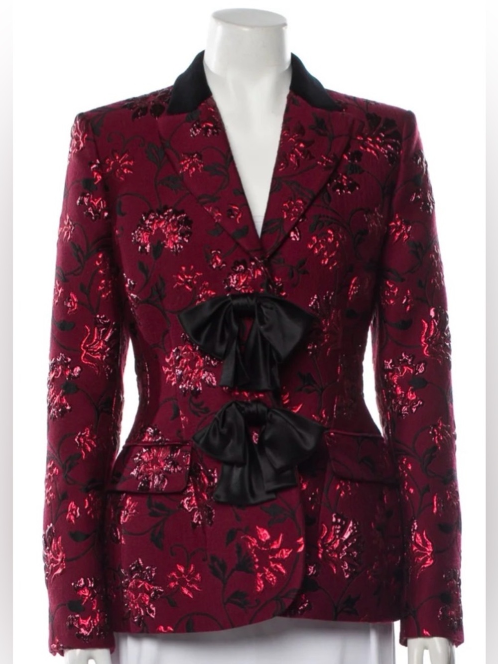 Altuzarra Red Floral Brocade Blazer with Black Satin Bows - Picture 3 of 9